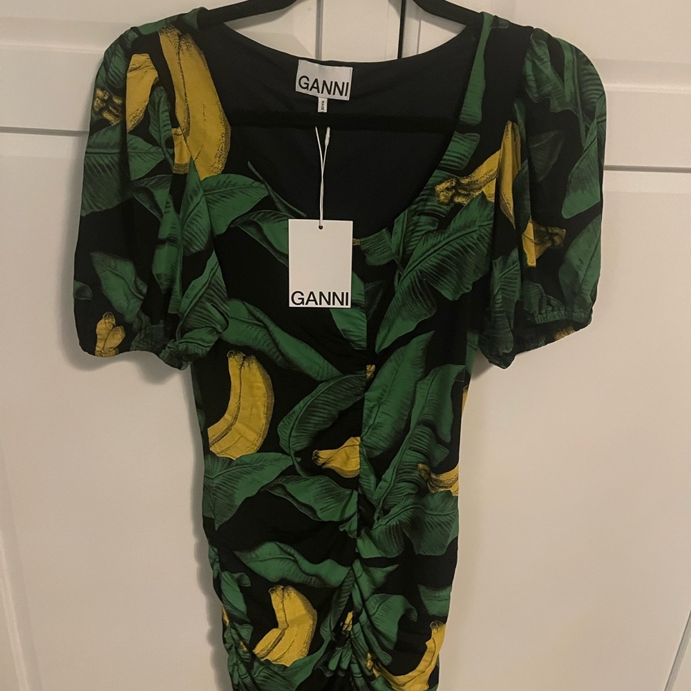 Ganni Green and Yellow Leaf Print Dress